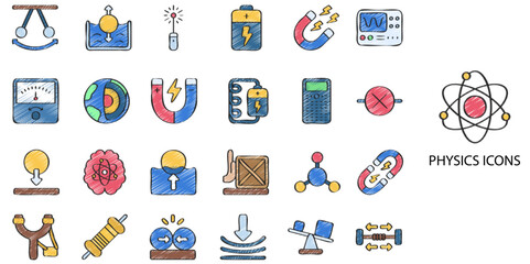 Physics simple concept 24 hand drawn color icons set .Vector illustration.
