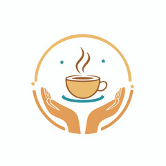 Vector abstract logo design template in trendy linear minimal style - hands with coffee cup - emblem and badge for coffee shops and cafes
