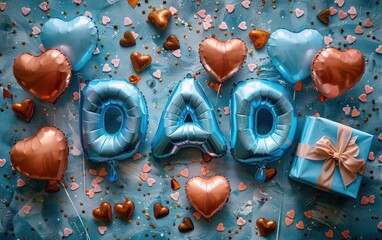 Colorful balloon decoration celebrating Father’s Day with hearts and a gift on a festive background