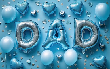 Celebration decoration with blue balloons and heart-shaped accents for Father’s Day or birthday