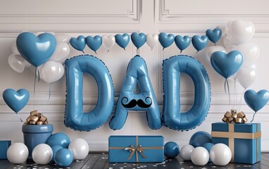 Celebration decorations featuring blue and white balloons with a 'DAD' theme for a special occasion