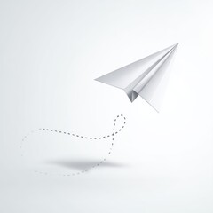 minimal vector illustration of a floating paper airplane with soft shadows and dashed line trail, isolated on white