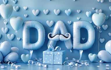 Decorative blue birthday celebration for dad with balloons, hearts, and gifts in a festive setting
