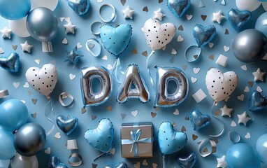Creative celebration setup featuring blue balloons, hearts, and a gift for a father's special day