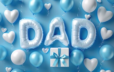Celebration decorations for dad featuring blue balloons, heart-shaped accents, and a gift box