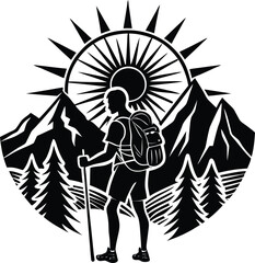 Hiker Silhouette with Backpack and Pole Before Mountain and Sun