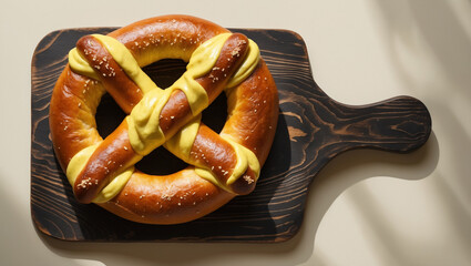 A German pretzel with mustard on a wooden board