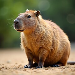 Fototapeta premium Adorable Capybara, a large semi-aquatic rodent, resting on the sandy ground in its natural outdoor habitat.
