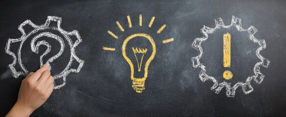The creative process illustrated with question mark, light bulb, and exclamation mark.