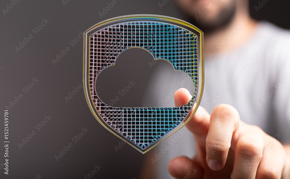 Poster Image of a hand interacting with a digital shield protecting cloud data.  Ideal for cybersecurity and cloud storage.