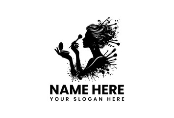 Fashionable beauty silhouette logo showing woman applying makeup with brush and compact  