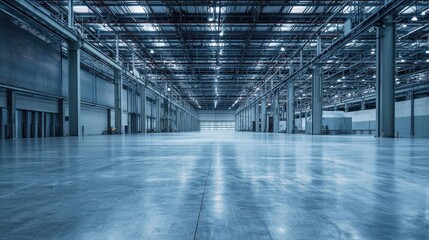 A large, empty warehouse with high ceilings and large windows, illuminated by overhead lights. The floor is polished concrete