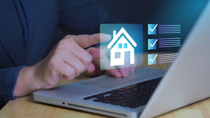 Real estate management,user managing real estate tasks with a laptop, accessing digital checklists and tools for streamline housing evaluations, investment planning, and transaction processes.