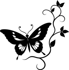 butterfly vector illustration, A beautiful butterfly on a vine silhouette vector on white background