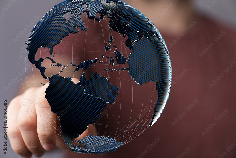 Fototapete Abstract image of a hand interacting with a digital 3D model of the Earth, representing global connectivity and networking.