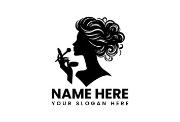 Minimalist vector logo of elegant woman applying cosmetic makeup with brush and mirror  