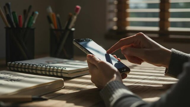 Woman's Hands Using Smartphone at Wooden Desk with Natural Light