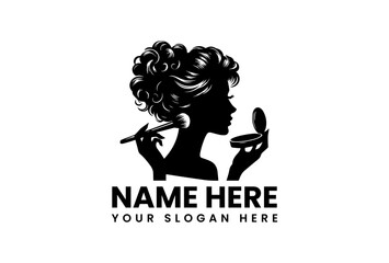 Minimalist vector logo of elegant woman applying cosmetic makeup with brush and mirror  