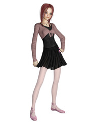 Cute Red Haired Ballerina in Practice Clothes, 3d digitally rendered illustration