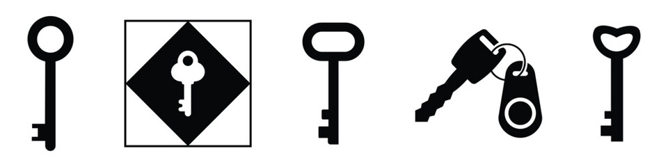 Set of black silhouettes of door keys. Retro and modern house key silhouettes vector template for logo design. Security access logo. Vintage key antique door key isolated. Vector illustration.