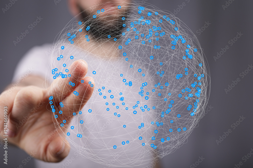 Leinwandbilder hand interacting with a digital sphere representing global network connections and data flow.