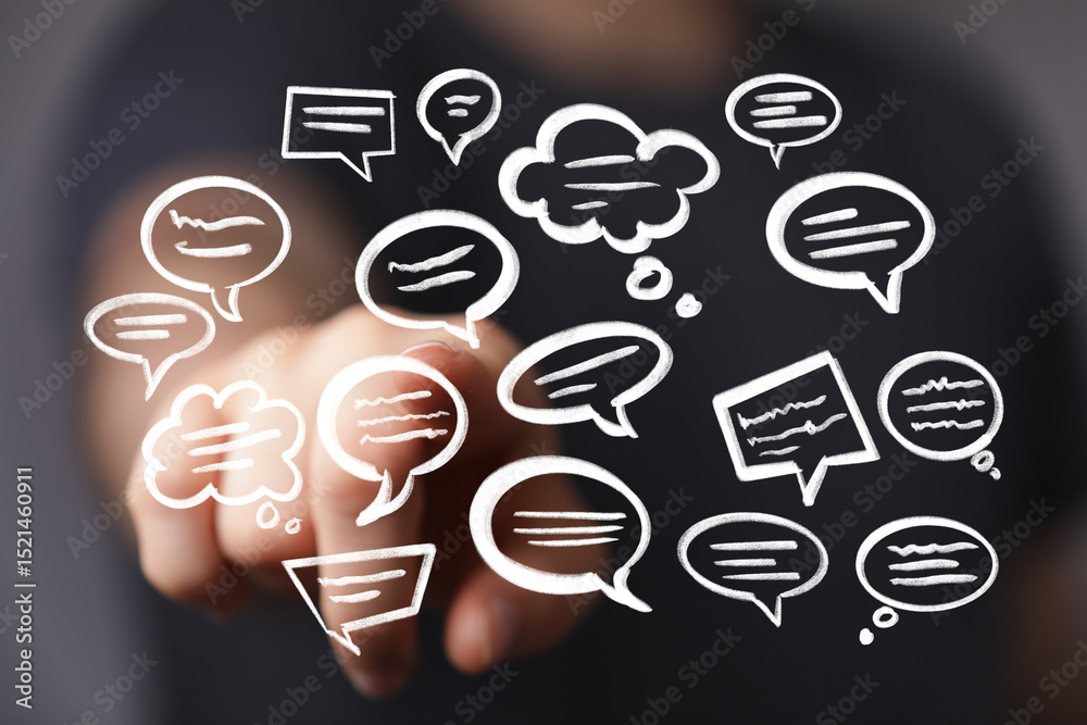 Poster abstract image of hand interacting with speech bubbles, representing communication, feedback, and id