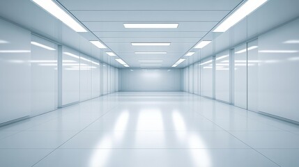 Obraz premium Bright, Spacious Modern White Room with Glossy Floor and Spotlights, Ideal for Minimalist Studio Use