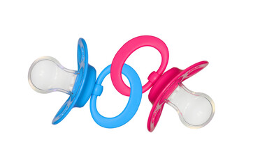 pink and blue baby pacifier isolated on white background