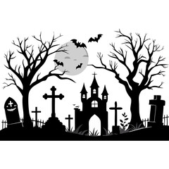 grave yard, halloween, silhouette, vector, holiday, design, decoration, black, icon, spider, pumpkin, scary, creepy, skittish, illustration, 