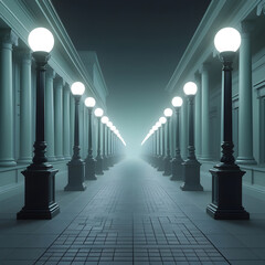 Mysterious Nighttime Alleyway with Classical Columns and Glowing Lights