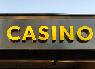 Large Yellow 3d Sign Casino at Black Gambling Building