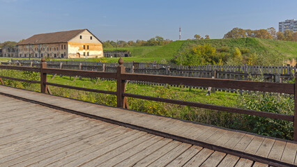 Wooden Bridge Way to Fortress Historic Landmark in Slavonski Brod Croatia at Sunny Autumn Day