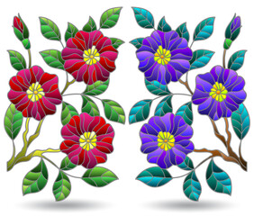 A set of stained glass illustrations with floral arrangements, flowers isolated on a white background