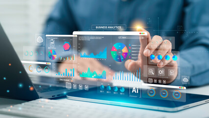 An analyst uses Data analytics automated with AI technology. Dashboard report, operations charts and KPI insights. Big Data technology, Business analysis and artificial intelligence automation.