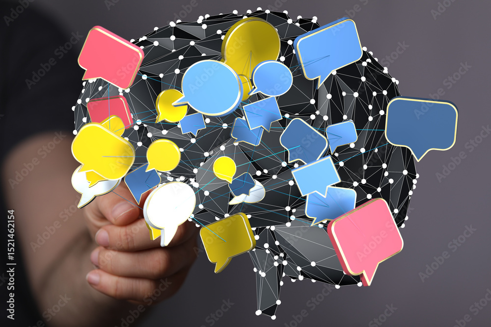 Poster Abstract 3D rendering of interconnected speech bubbles, symbolizing global communication and networking.