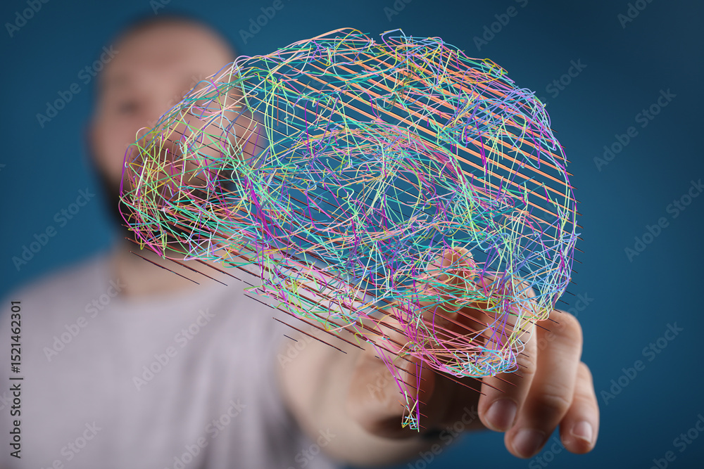 Aufkleber A man interacts with a 3D holographic brain visualization, showcasing complex neural connections.