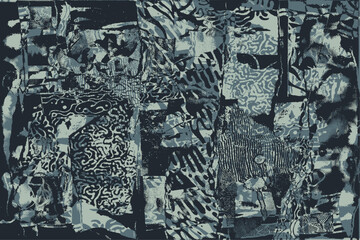 Abstract vector background. Features a layered collage of diverse textures, fragmented shapes, and grunge patterns. Urban, distressed aesthetic.