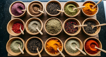 Assortment Of Aromatic Spices Displayed In Elegant Wooden Bowls