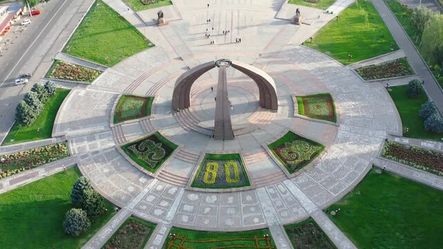 Aerial drone view of the Monument of Victory and Victory square in Bishkek, the capital of Kyrgyzstan
