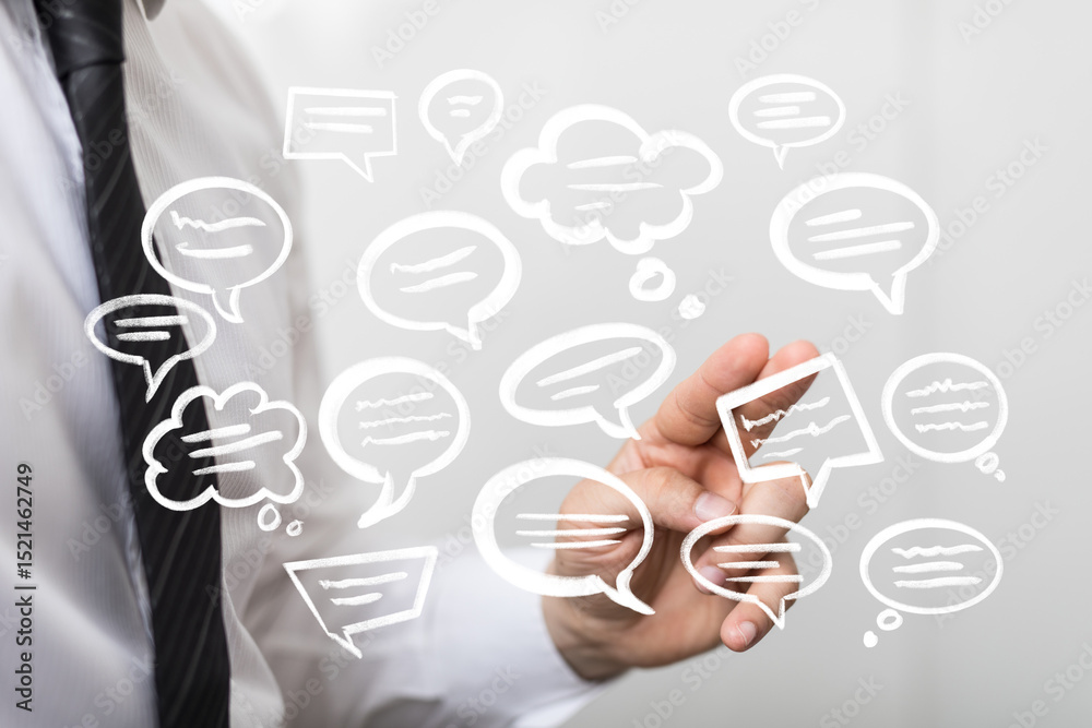 Poster A businessman interacts with floating communication bubbles, symbolizing connection and conversation.