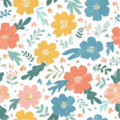 Vector seamless pattern in simple floral wavy and groovy naive style, flowers and plants, floral botanic hand drawn design templates, modern art prints, surface design, holiday and beach theme