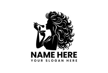 Stylish beauty logo featuring woman's silhouette applying makeup with brush and compact  