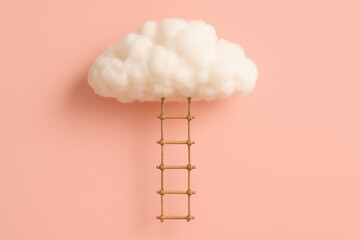 A conceptual ambition shows a rope ladder leading to a soft cloud symbolizing progress and upward movement in achieving goals