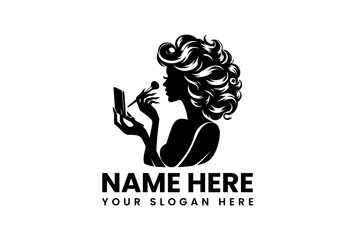 Stylish beauty logo featuring woman's silhouette applying makeup with brush and compact  