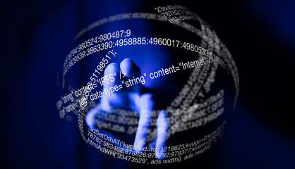 Abstract image depicting data and code forming a globe, symbolizing the internet.