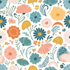 Vector seamless pattern in simple floral wavy and groovy naive style, flowers and plants, floral botanic hand drawn design templates, modern art prints, surface design