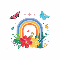Vector illustration in simple linear style - summer geometrical banner, design template and stickers - rainbow flowers, butterflies and palm