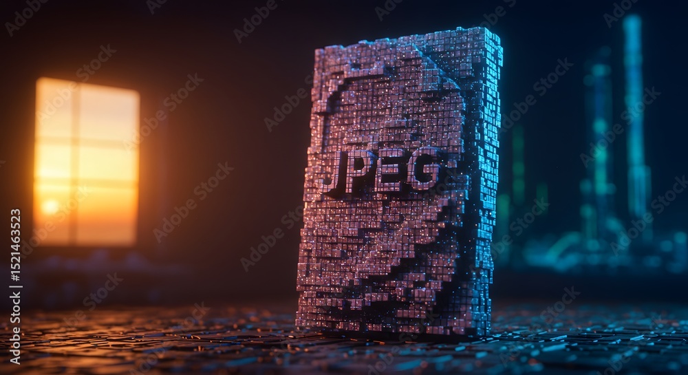 Fototapete digital image block with text on metallic surface in room at sunset