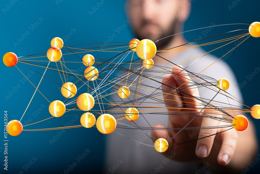Poster abstract image of interconnected spheres, representing global network, communication, and technology