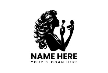 Elegant silhouette vector logo of sophisticated woman applying makeup with brush and compact mirror  